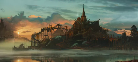 HD fantasy landscape of a mysterious town with towering spires and wooden structures, set against a moody sky and reflected in calm water.