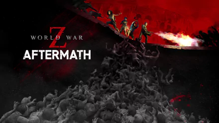 World War Z: Aftermath video game 2K Quad HD PC desktop wallpaper — survivors stand atop a towering pile of crawling zombies beneath a blood-red sky and bursting flames.