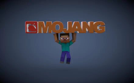 HD wallpaper featuring a stylized Mojang logo held up by a Minecraft character on a muted background.