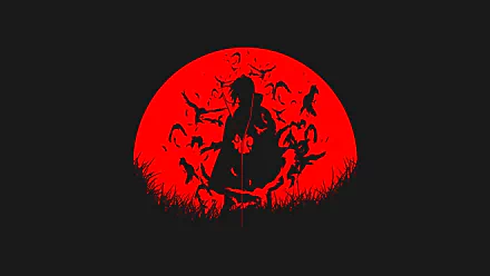HD desktop wallpaper of Itachi Uchiha from Naruto, featuring a striking silhouette against a red full moon with surrounding black crows.