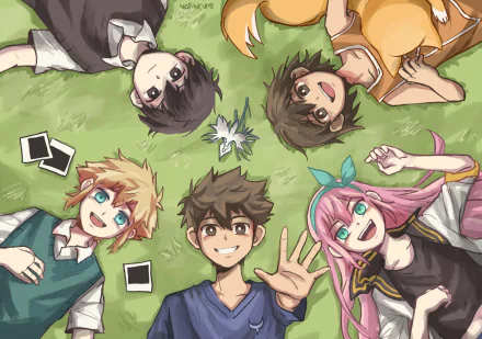 HD PC wallpaper of OMORI characters Kel, Sunny, Aubrey, Hero, and Basil lying on grass in a circle, smiling up at the viewer in a bright, colorful video game scene.