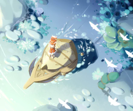 Klee (Genshin Impact) on a small wooden boat drifting over shimmering blue water, white birds and lush foliage — Genshin Impact video game art, HD PC desktop wallpaper/background.