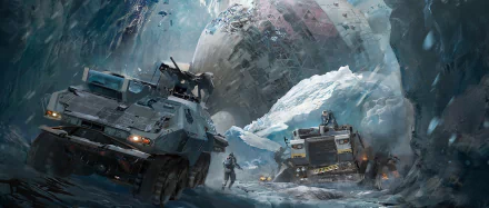 HD PC desktop wallpaper featuring a dramatic scene from the movie The Wandering Earth, with armored vehicles and figures navigating a frozen, fractured landscape.