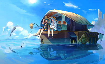 Xingqiu and Chongyun from Genshin Impact are sitting on a boat, fishing and enjoying a sunny day on calm, reflective waters. The HD wallpaper captures a serene and vibrant scene from the video game.