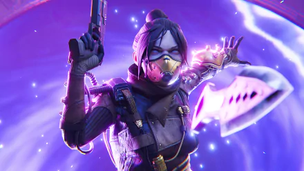 HD PC wallpaper featuring Wraith from the video game Apex Legends, showcasing her in a dynamic pose with a glowing purple background.