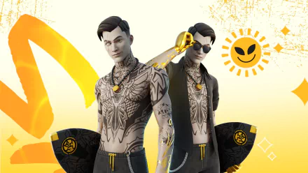 Fortnite video game HD PC desktop wallpaper and background: two tattooed male characters, one wearing sunglasses, posed with matching surfboards on a yellow-white backdrop with a sun emblem.