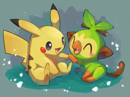 HD desktop wallpaper featuring cute anime characters Grookey and Pikachu from Pokémon, sitting together with happy expressions, surrounded by small sparkling lights.
