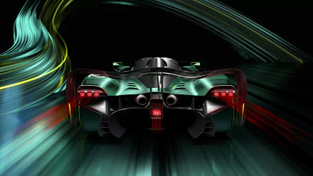 Rear view of a green Aston Martin Valkyrie supercar with dynamic light trails, rendered in 4K Ultra HD as a striking PC desktop wallpaper background.