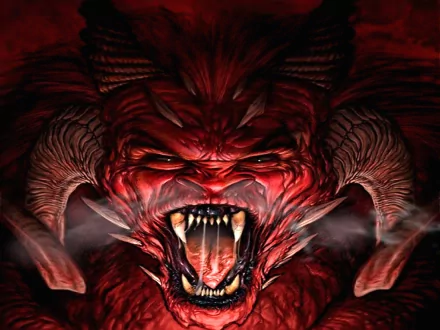 A high-definition dark demon wallpaper featuring an intense, red demonic face with menacing horns and glowing eyes, steam emitting from its mouth against a dark background.