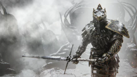 4K Ultra HD PC desktop wallpaper featuring a heavily armored warrior from the video game Mortal Shell, holding a large sword amidst a misty, battle-worn background.