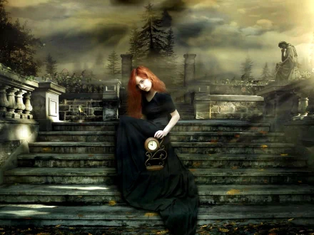 A dark, gothic HD desktop wallpaper featuring a woman in a black dress with red hair holding a clock while sitting on stone steps in a misty, eerie environment with stone structures and trees.
