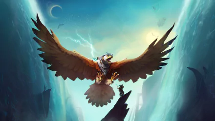 4K Ultra HD PC wallpaper featuring a soaring falcon from the video game The Falconeer against a vibrant, mystical sky backdrop.
