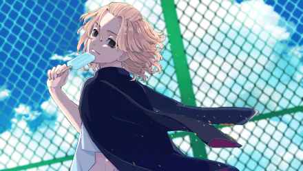 HD desktop wallpaper featuring Mikey Manjiro Sano from the anime Tokyo Revengers, wearing a black cape and eating an ice cream bar, with a blue sky and chain-link fence background.