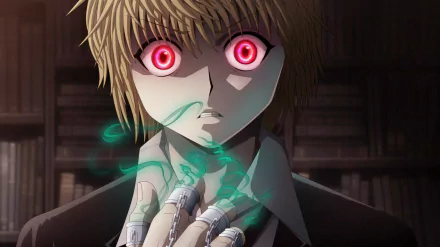 HD PC desktop wallpaper featuring Kurapika from Hunter × Hunter with glowing red eyes and ethereal green chains, capturing the intense anime moment and atmosphere.