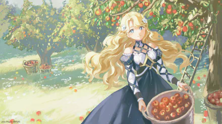 Anime girl with long blonde hair and blue eyes holding a basket of apples in an orchard, captured in an HD PC desktop wallpaper style.