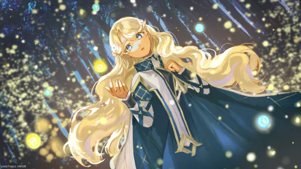 HD anime wallpaper featuring a blonde anime girl with long hair and blue eyes, surrounded by glowing orbs in a magical, starry background.