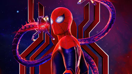 Spider-Man in his suit with Doctor Octopus’s mechanical tentacles behind him, set against a vibrant background featuring the Spider-Man: No Way Home logo in 4K Ultra HD detail.