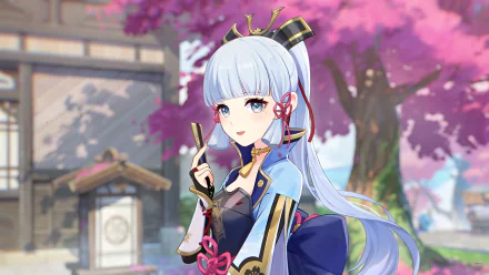 HD PC desktop wallpaper featuring Kamisato Ayaka from the video game Genshin Impact, set against a vibrant background with cherry blossoms and traditional architecture.