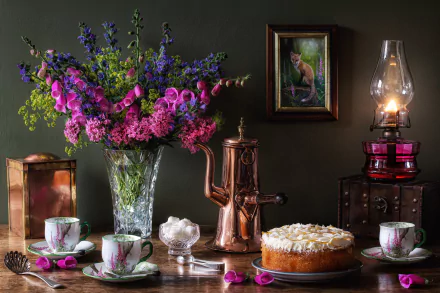 Still life photography of vibrant flowers, vintage copper kettle, teacups, cake, and an antique oil lamp against a dark backdrop, captured in 4K Ultra HD for PC desktop wallpaper.