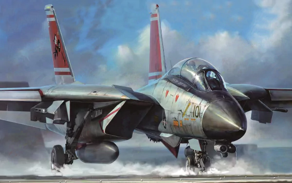 HD desktop wallpaper of a military Grumman F-14 Tomcat jet fighter warplane taxiing on the runway under a cloudy sky.