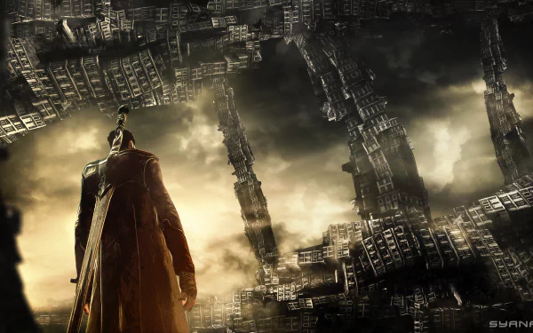Dante (Devil May Cry) from DmC: Devil May Cry faces a shattered, floating city beneath stormy skies — HD PC desktop wallpaper and background capturing the video game's dark, cinematic mood.