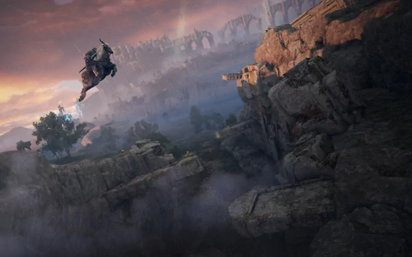 4K Ultra HD Elden Ring PC wallpaper depicting a warrior leaping across a rocky chasm with a mystical landscape and ancient ruins in the distance.