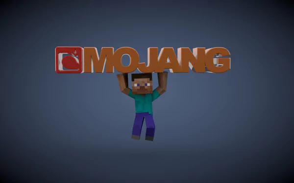 HD wallpaper featuring a stylized Mojang logo held up by a Minecraft character on a muted background.