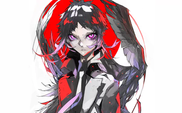 HD anime wallpaper of Ryūnosuke Akutagawa from Bungou Stray Dogs, featuring striking red and black tones with intense purple eyes and dynamic brushstroke art style.