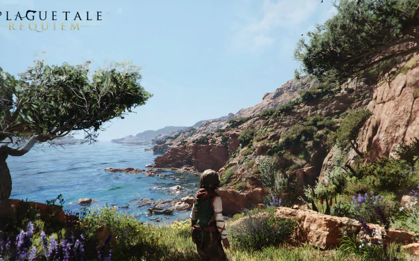 HD PC desktop wallpaper featuring Hugo de Rune overlooking a scenic coastal landscape from the video game A Plague Tale: Requiem.