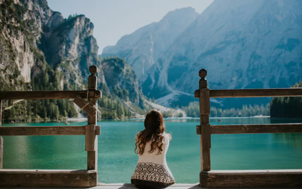 lake mountain woman rear HD Desktop Wallpaper | Background Image