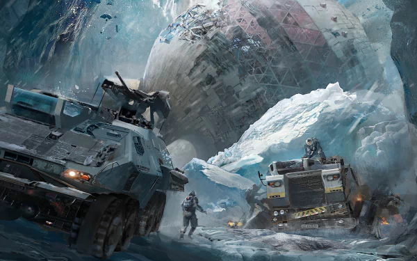 HD PC desktop wallpaper featuring a dramatic scene from the movie The Wandering Earth, with armored vehicles and figures navigating a frozen, fractured landscape.