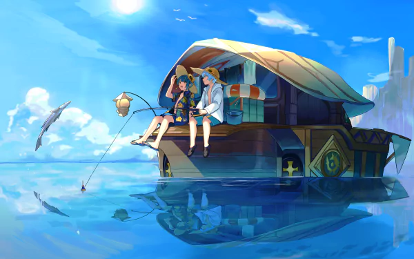Xingqiu and Chongyun from Genshin Impact are sitting on a boat, fishing and enjoying a sunny day on calm, reflective waters. The HD wallpaper captures a serene and vibrant scene from the video game.