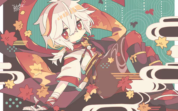 HD desktop wallpaper featuring Kaedehara Kazuha from the video game Genshin Impact. The character is depicted in a vibrant, animated style with autumn leaves, butterflies, and swirling patterns in the background.