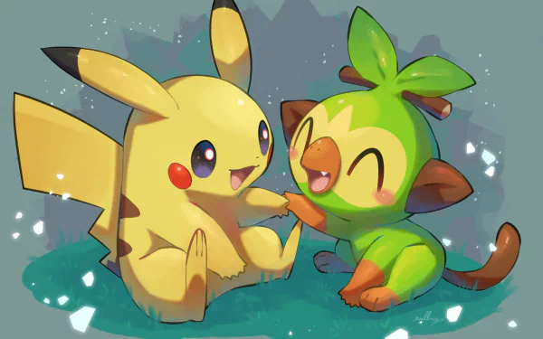 HD desktop wallpaper featuring cute anime characters Grookey and Pikachu from Pokémon, sitting together with happy expressions, surrounded by small sparkling lights.
