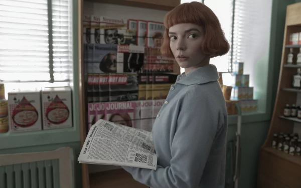 Beth Harmon from The Queen's Gambit as a 2K Quad HD PC desktop wallpaper: red‑haired woman in a vintage kitchen holding a newspaper, looking over her shoulder.