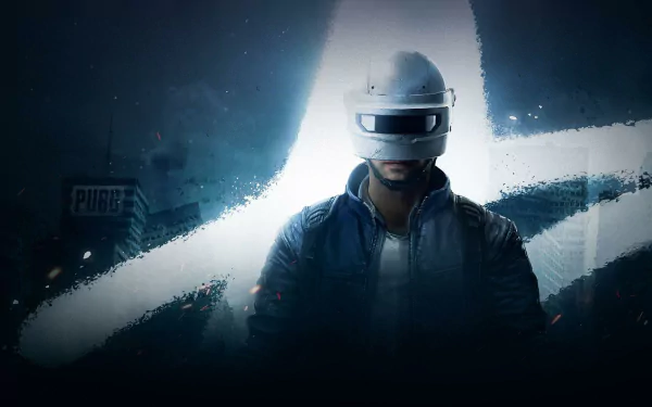 HD PUBG: NEW STATE desktop wallpaper featuring a character in combat gear with a glowing visor and game logo backdrop.