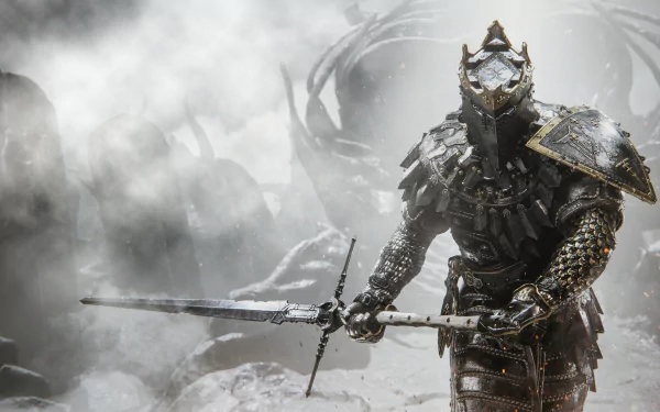 4K Ultra HD PC desktop wallpaper featuring a heavily armored warrior from the video game Mortal Shell, holding a large sword amidst a misty, battle-worn background.