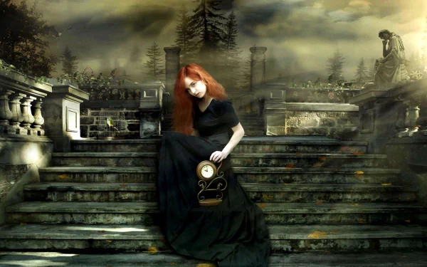 A dark, gothic HD desktop wallpaper featuring a woman in a black dress with red hair holding a clock while sitting on stone steps in a misty, eerie environment with stone structures and trees.