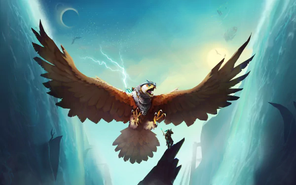 4K Ultra HD PC wallpaper featuring a soaring falcon from the video game The Falconeer against a vibrant, mystical sky backdrop.