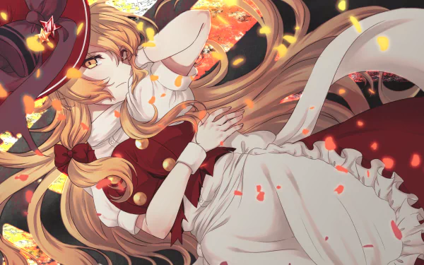 4K Ultra HD anime desktop wallpaper featuring Marisa Kirisame from Touhou, depicted in dynamic motion with detailed costume and vibrant fiery background.