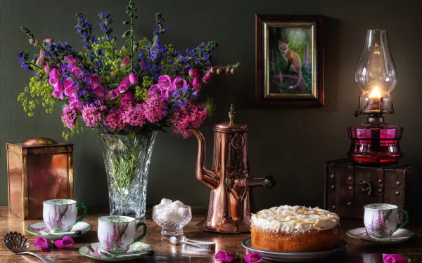 Still life photography of vibrant flowers, vintage copper kettle, teacups, cake, and an antique oil lamp against a dark backdrop, captured in 4K Ultra HD for PC desktop wallpaper.