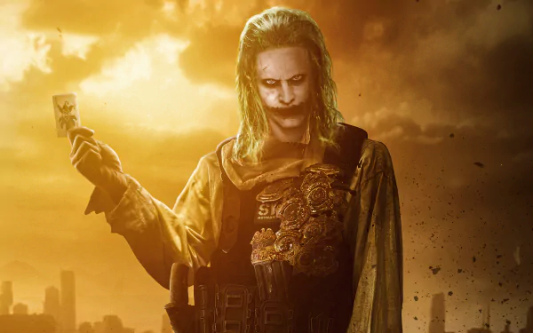 Jared Leto as Joker in a dramatic golden sunset scene from Zack Snyder's Justice League, featured in a 4K Ultra HD PC desktop wallpaper background.
