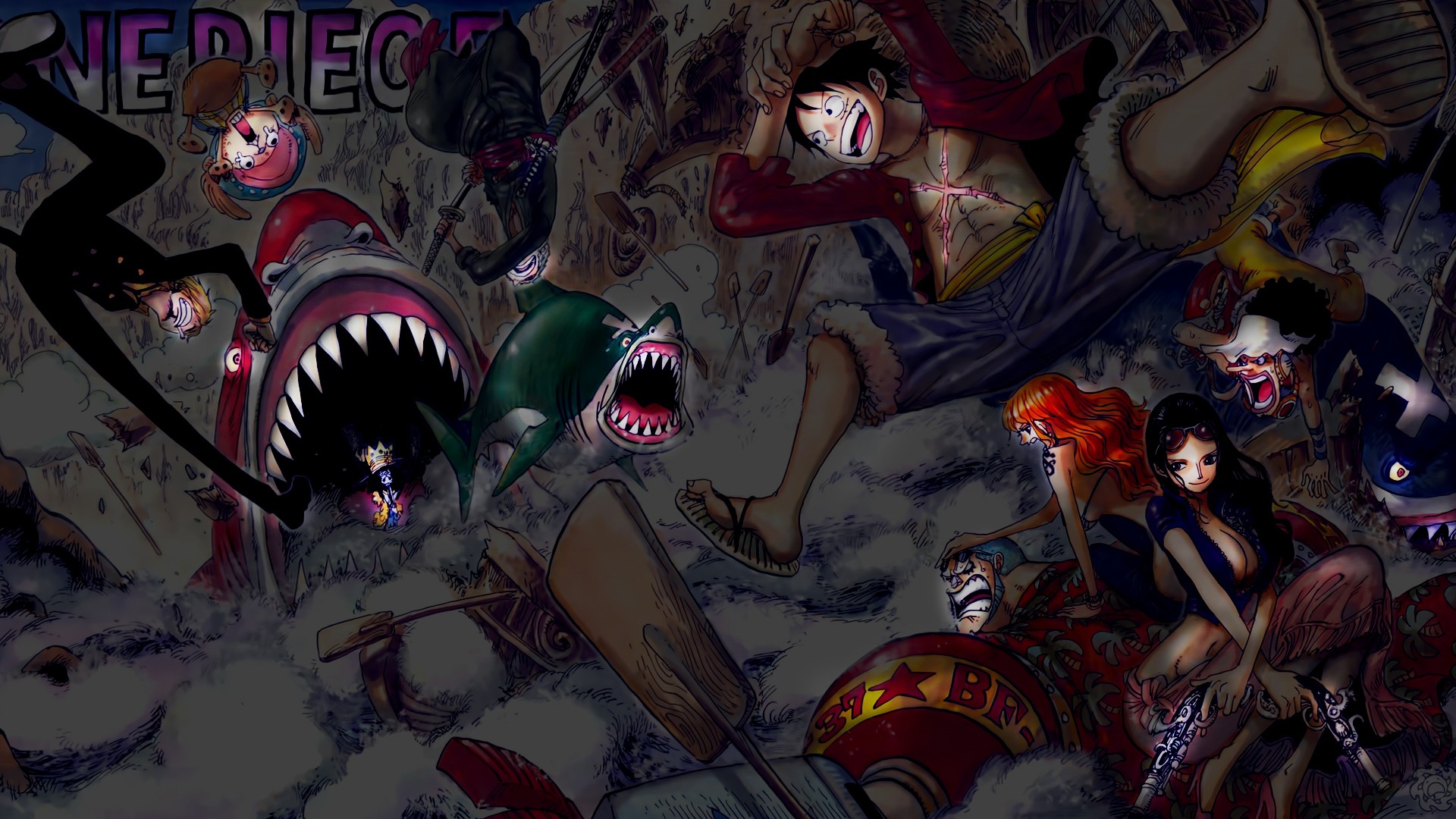 Brook, Zoro, Chopper, Sanji, Luffy, Nami, Franky, Robin, and Usopp from the anime One Piece.