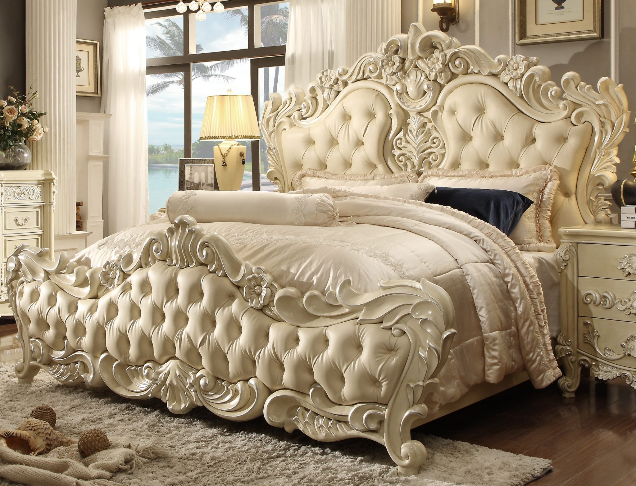 Luxurious carved bed with elegant bedding in an ornate bedroom, ideal as high-definition desktop wallpaper or background.