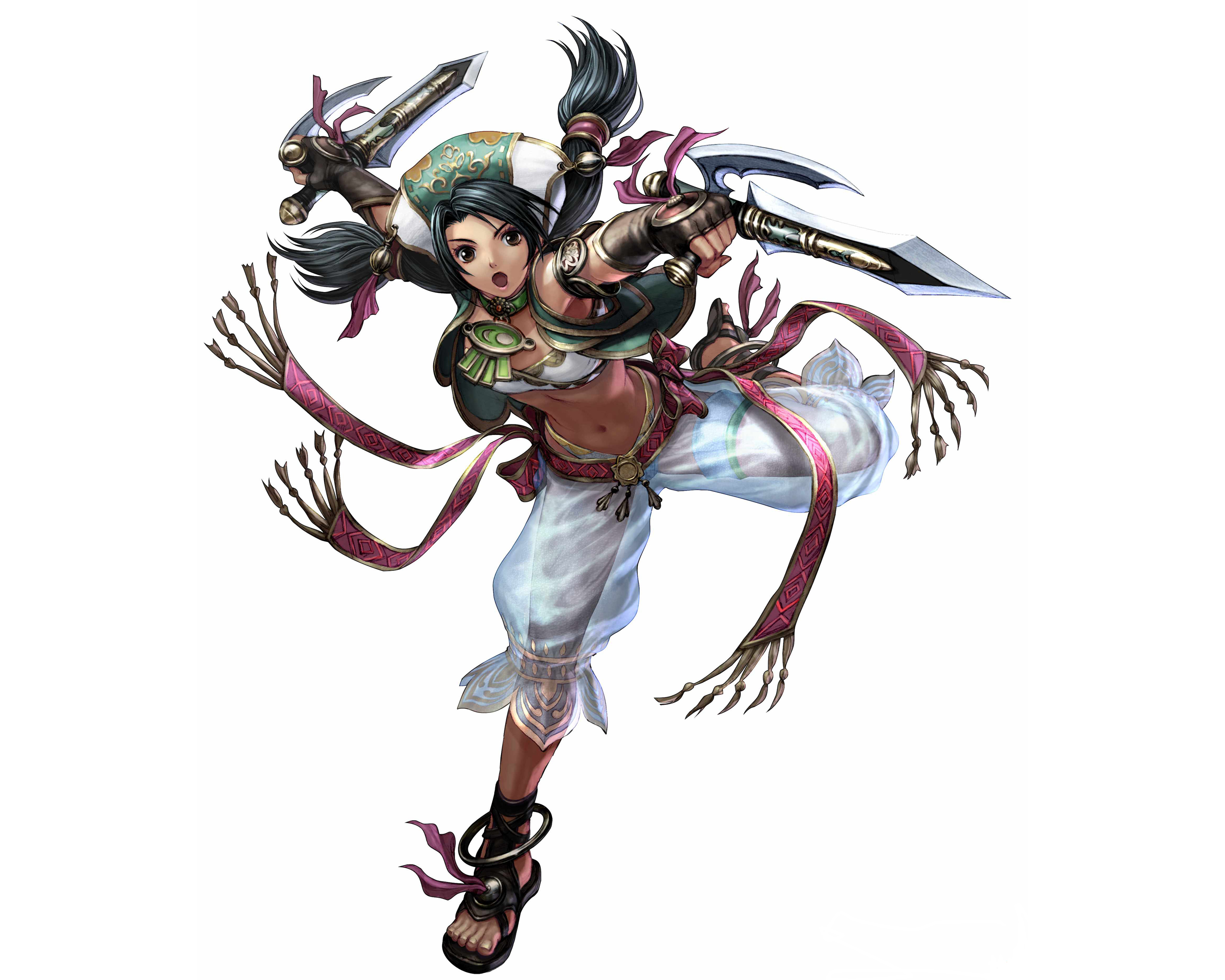 Talim character from SoulCalibur IV video game, ready to battle with her dual blades.