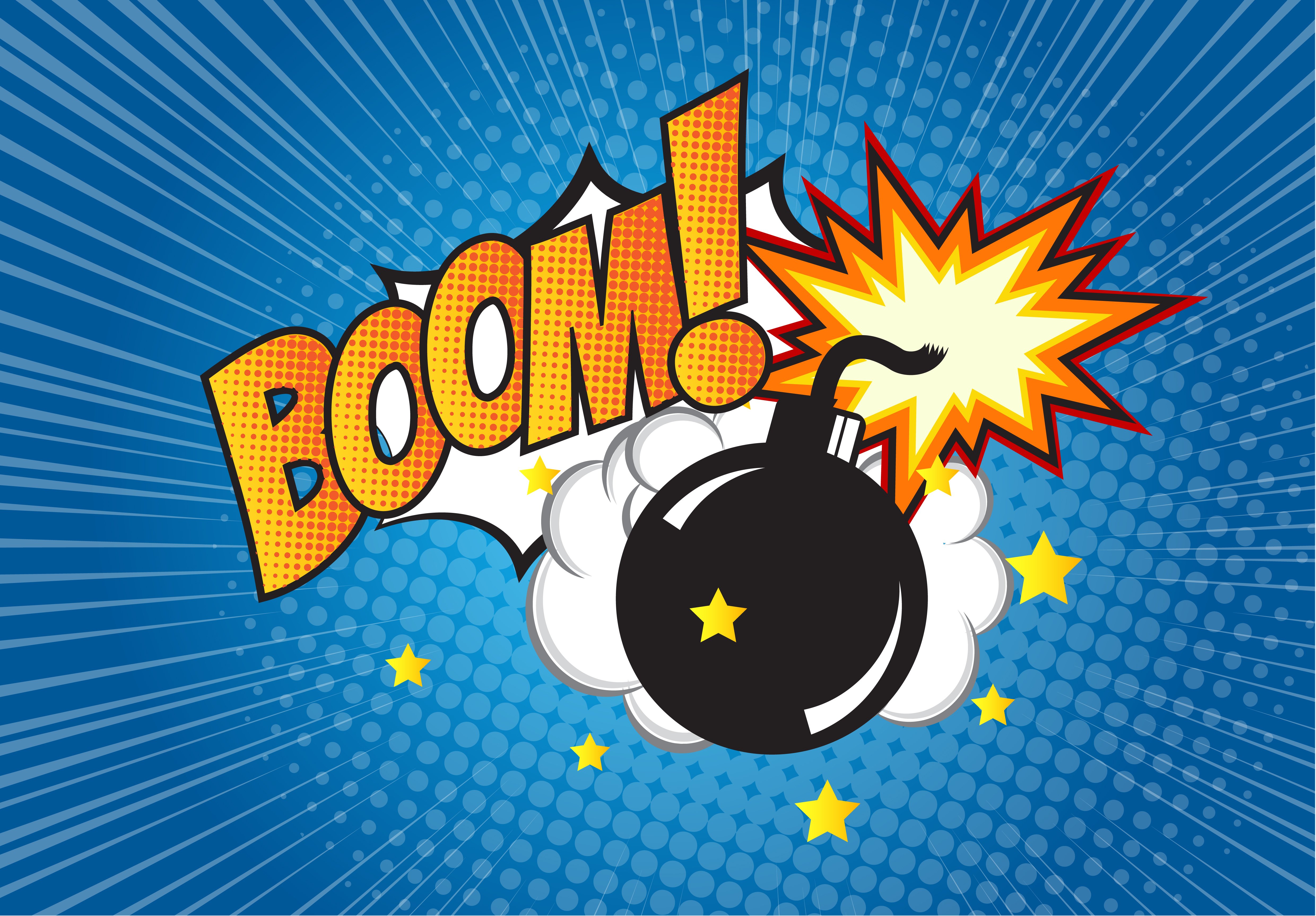 HD desktop wallpaper featuring a vibrant pop art explosion with 'BOOM!' text, stars, and a comic style bomb on a dotted blue background.