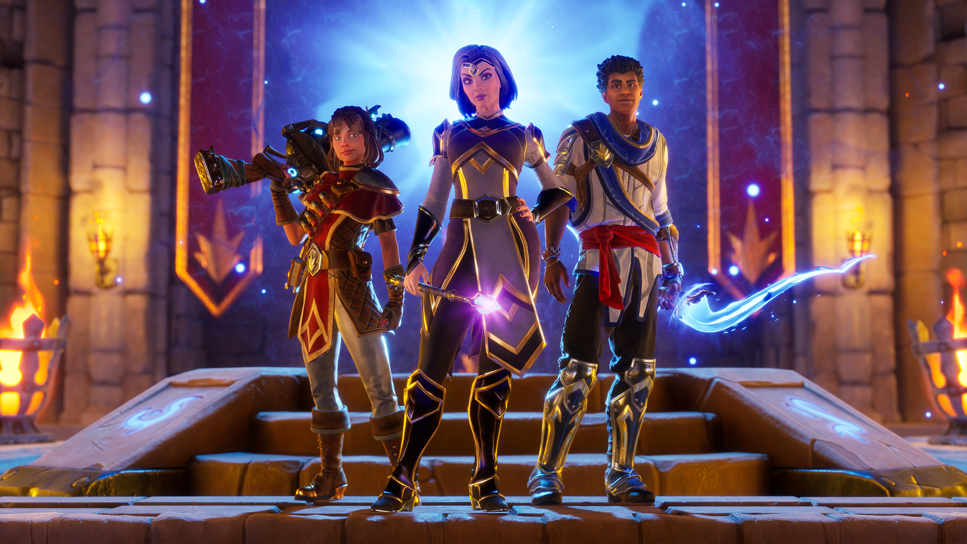 HD Wallpaper of Orcs Must Die! 3 featuring heroic characters armed and ready for battle in a magical fortress setting.