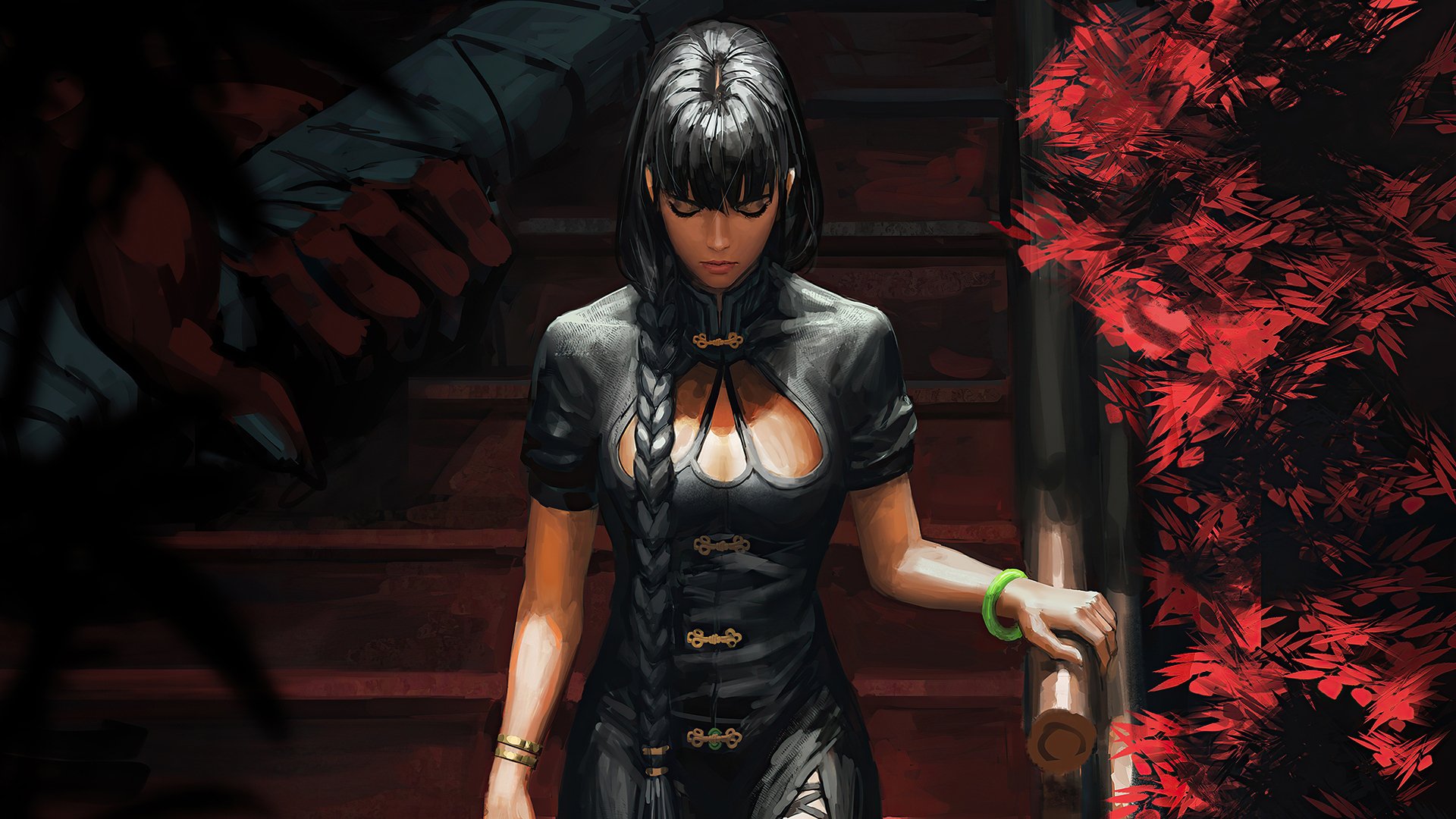 HD fantasy wallpaper of a woman with black hair styled in a braid, wearing a dark outfit, descending stairs surrounded by red foliage in a dramatic, moody setting.