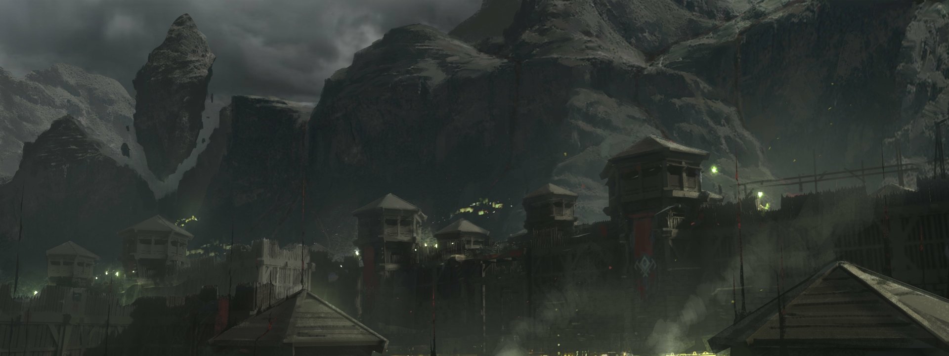 New World video game 4K Ultra HD PC desktop wallpaper and background: fog-shrouded mountain fortress village with wooden walkway, glowing tower lights under a stormy sky.