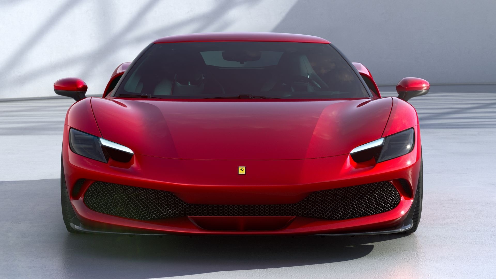 Red Ferrari 296 GTB supercar front view on a glossy studio floor — HD PC desktop wallpaper background